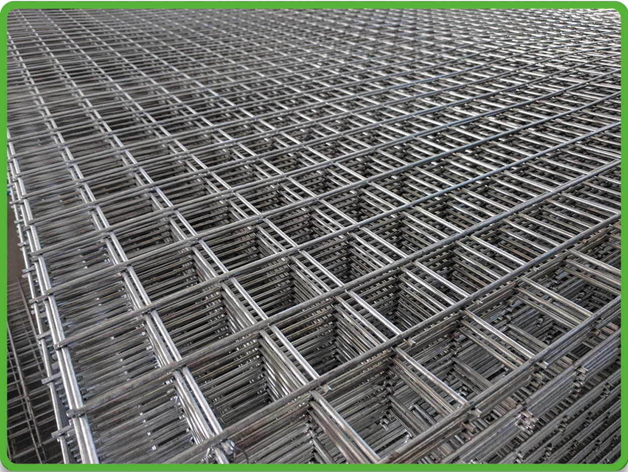 Galvanized welded wire mesh panels stacked at the factory