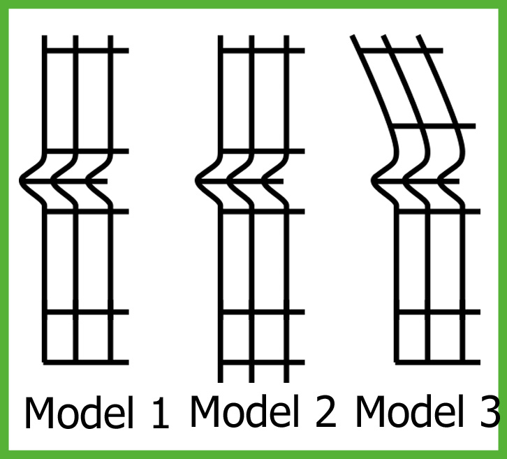 Line drawings of the three V-fold panel models, showing different fold profiles